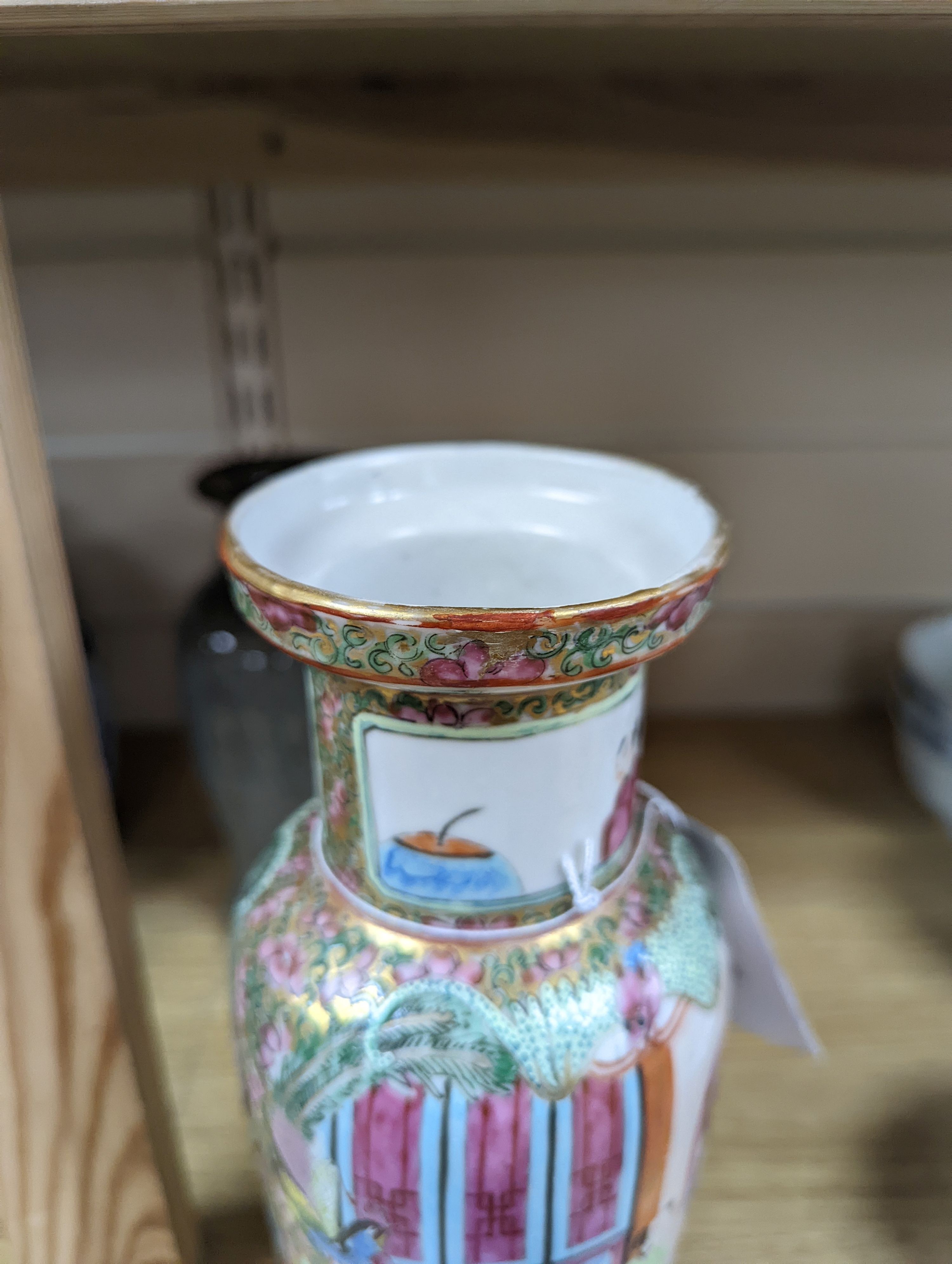 Two Chinese famille rose vases and a Celadon crackle glazed vase, 19th-century and later, tallest 25 cm